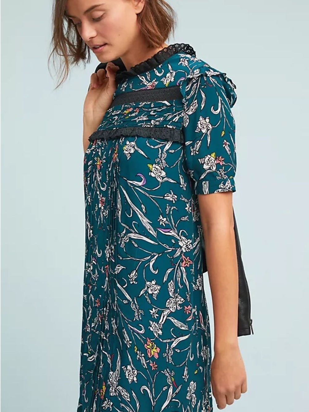 Anthropologie Vineet Bahl Teal Floral Lace-Trim Shift Dress Women’s Medium